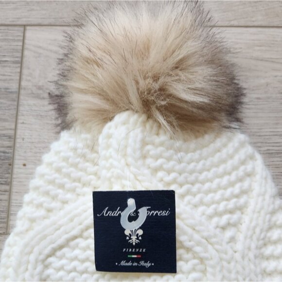 Andrei & Torresi White Beanie Hat with Pom Pom Nwt Winter Casual Dressy Cozy - Picture 2 of 5